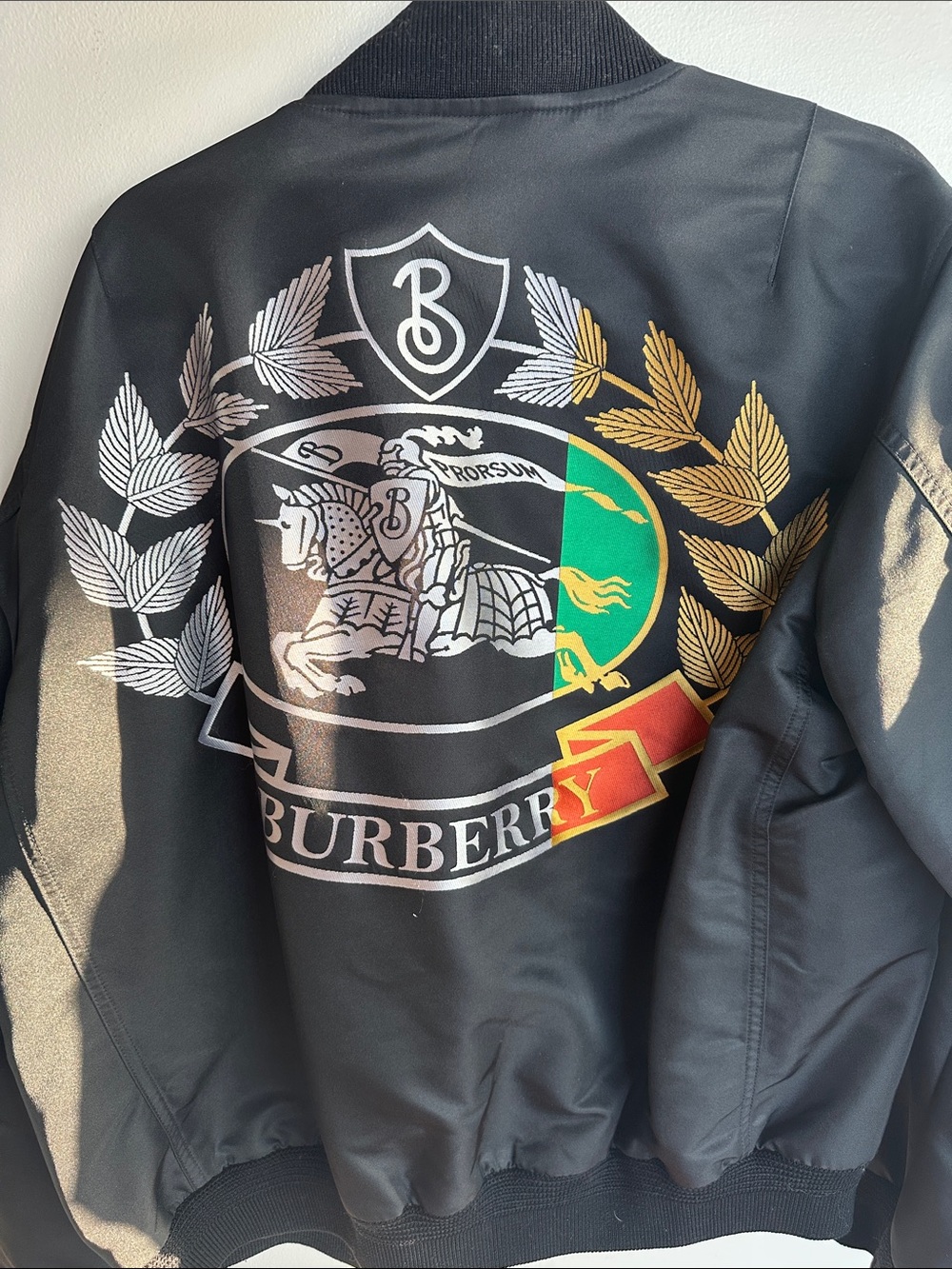 Burberry Black Bomber Jacket with Multicolor Crest Embroidery